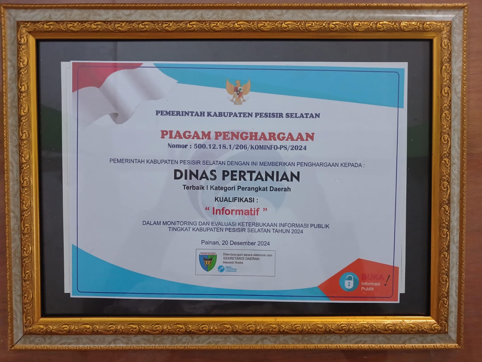 Dinas Pertanian Kab. Pesisir Selatan meraih penghargaan Terbaik I dalam Keterbukaan Informasi Publik